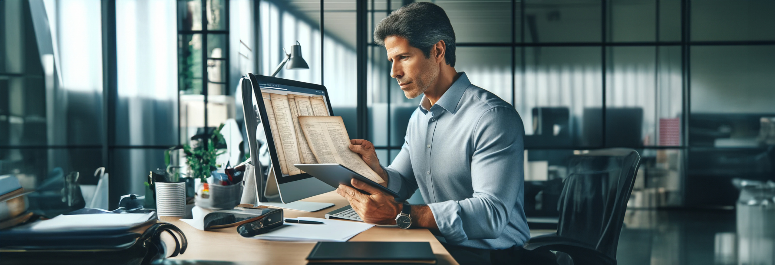 Homme de 50 ans en train de consulter le document unique à son bureau