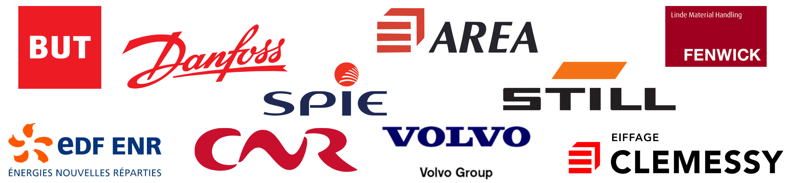 Logo clients Secutop : But, Spie, EDF-ENR, CNR, Volvo, Danfoss, Area, Still, Eiffage, Fenwick