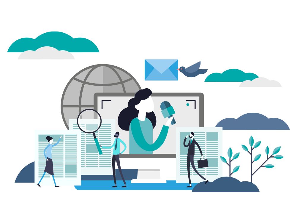 Actualité Plusieurs petites illustrations représentent l\'actualité : logo internet, journaliste, un enquêteur, des journaux, un oiseau qui dépose une lettre...