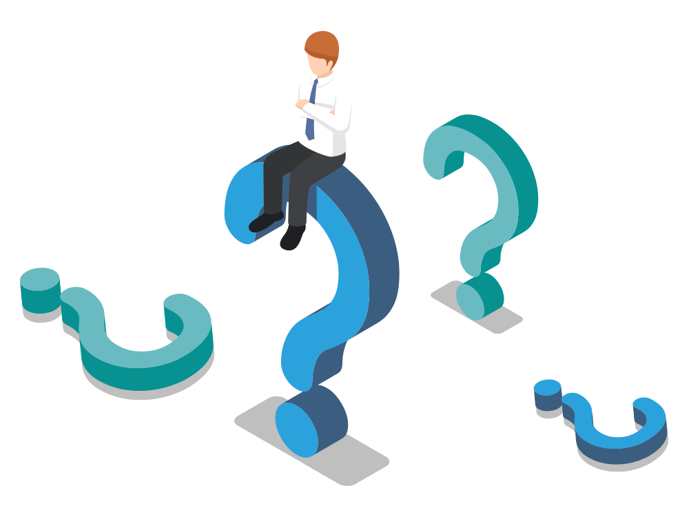 Questions, FAQ Un bonhomme est assis sur un gros point d\'interrogation, il y en a plusieurs petits autres autour.