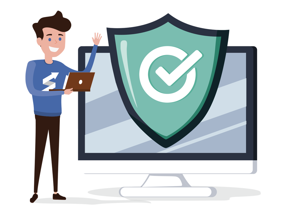 Présentation solution sécurité Un bonhomme content présentant une solution de sécurité