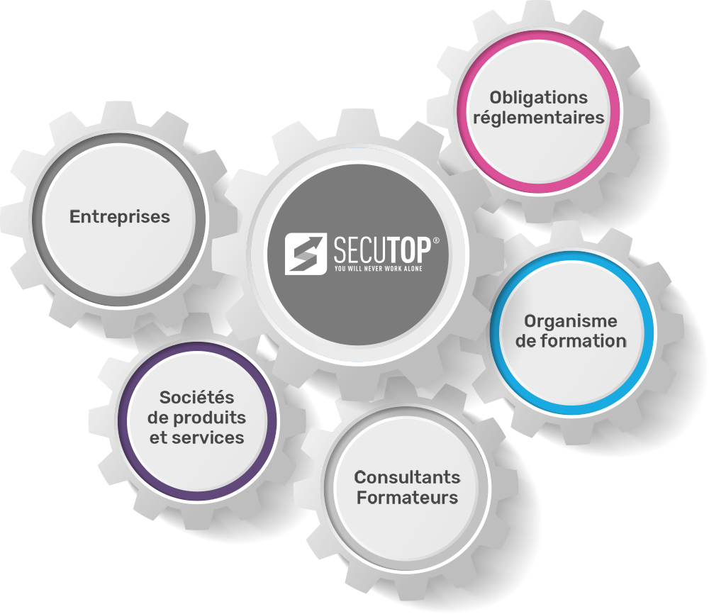 Représentation du réseau d\'experts de Sécutop. Sécutop est la pièce qui est au centre et qui fait fonctionner toutes les autres : les entreprises, les sociétés de produits et services, les consultants formateurs, les organismes de formation et les obligations règlementaires.