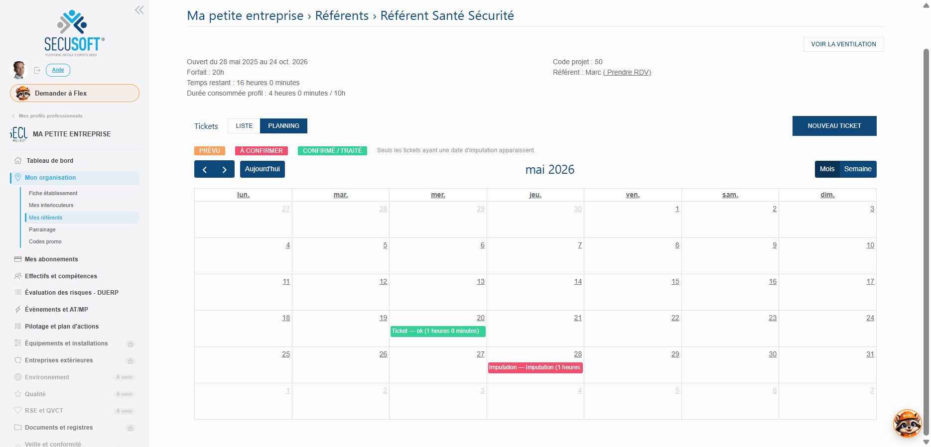 La vue planning Secusam des interventions du référent